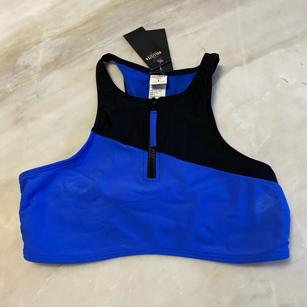 NEW Hollister swim Black and Blue Sports Bra swim top zipper Sz small